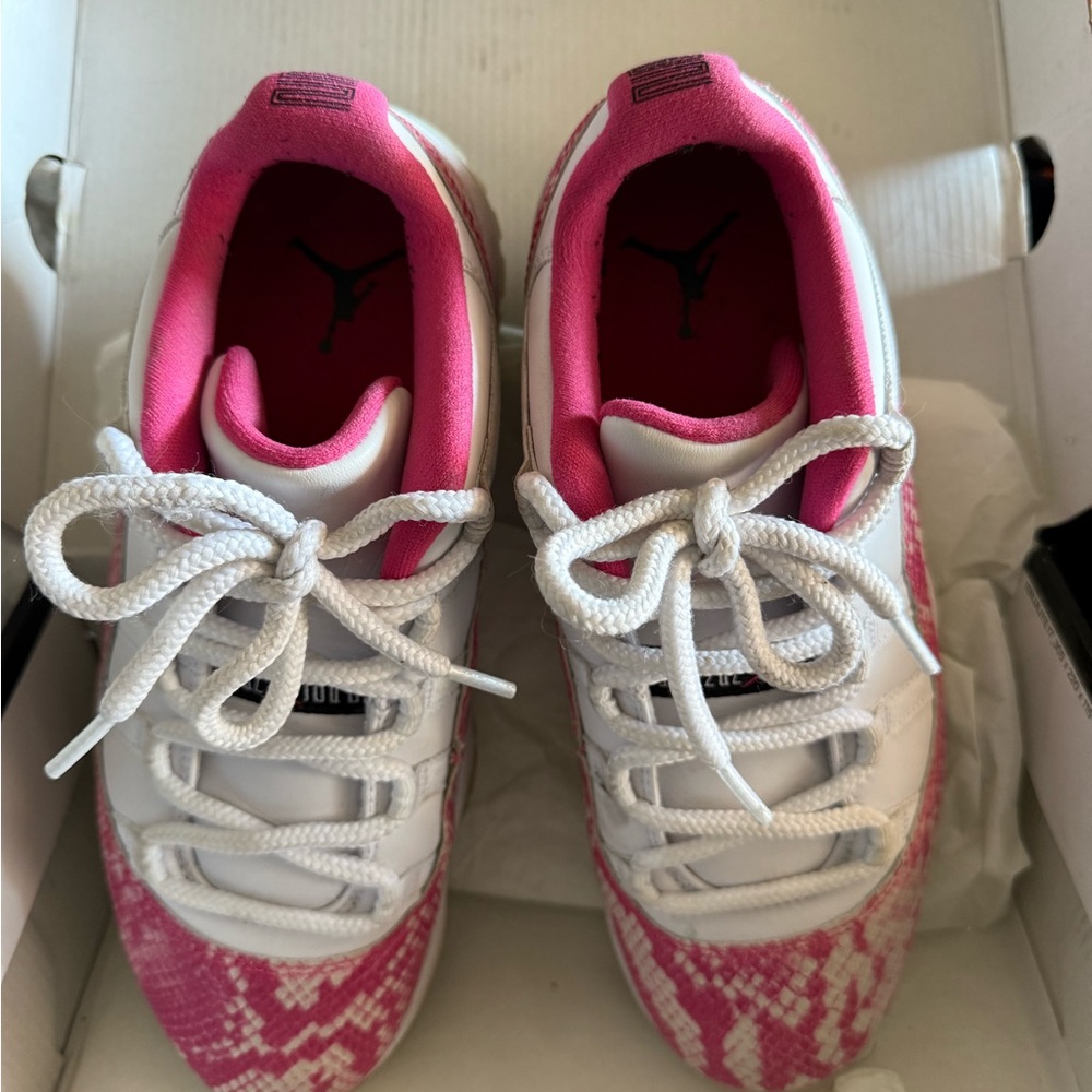 Jordan Air 11 Retro Low in White and Pink snake skin